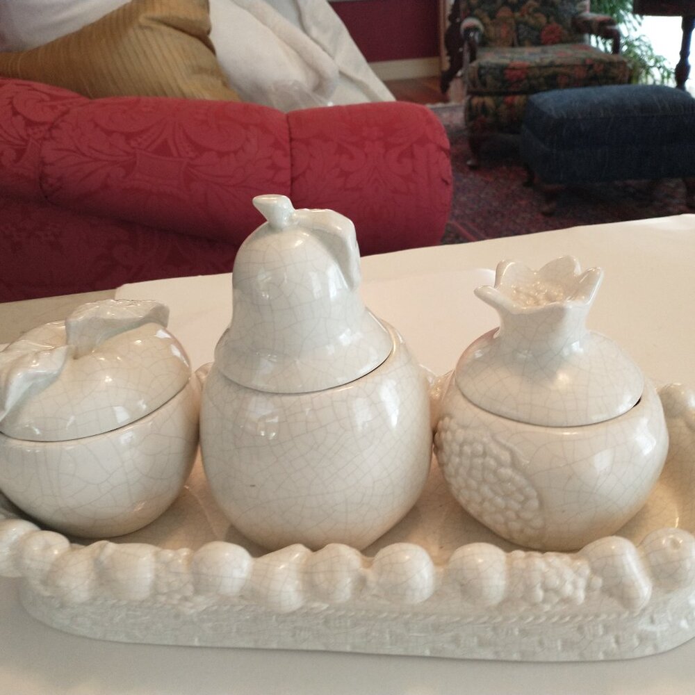 GU Cream colored ceramic fruit shaped candles ...set of 3 with oval tray